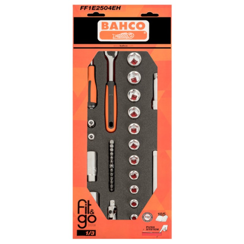 FF1E2504EH FitandGo 1/3 αφρώδες ένθετο  1/4 και 3/8 σετ καρυδάκια - 33 τεμάχια συσκευασία λιανικής BAHCO