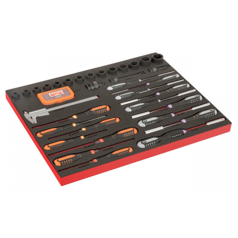FF1A222LM FitandGo 3/3 αφρώδη ένθετα με χάραξη laser ERGO κατσαβίδια, παχύμετρο, σετ μύτες και  1/2 κρουστικά σετ καρυδάκια- 65 τεμάχια BAHCO
