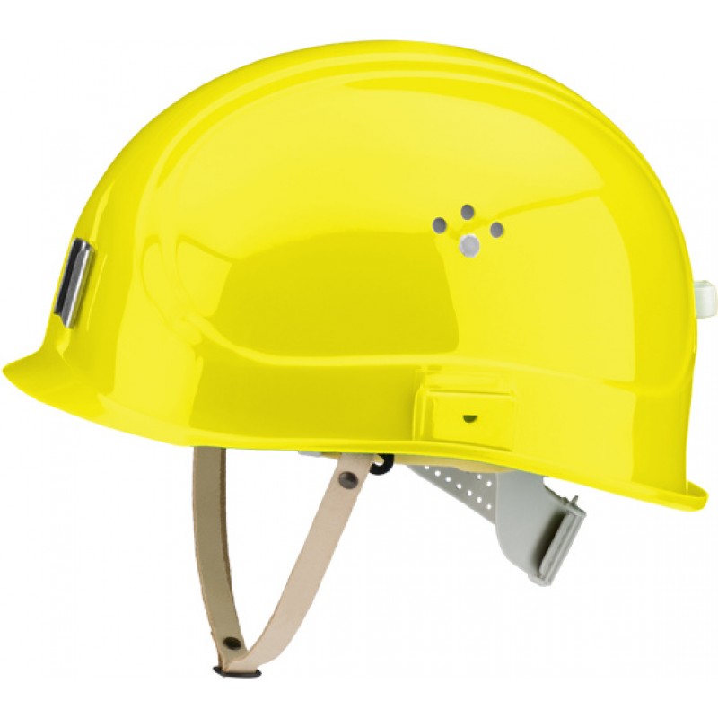 Canal Worker Helmet Kράνος Τάφρων ,Υπόγειων Στοών κοντό ράμφος , με άγγιστρο καλωδίου λάμπας και δερμάτινο υποσιάγωνο Θειαφιού Κίτρινο RAL 1016 VOSS