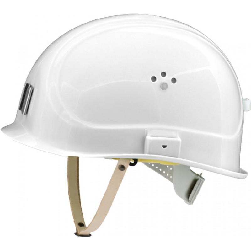 Canal Worker Helmet Kράνος Τάφρων ,Υπόγειων Στοών κοντό ράμφος , με άγγιστρο καλωδίου λάμπας και δερμάτινο υποσιάγωνο Σήμανσης Άσπρο RAL 9003 VOSS